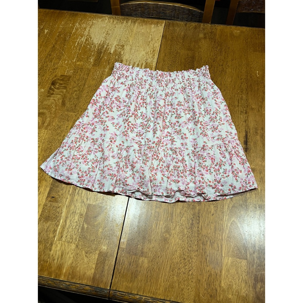 Pink & White Coquette Boho Floral Smocked Tiered Ruffle Mini Skirt Womens 8 / 10